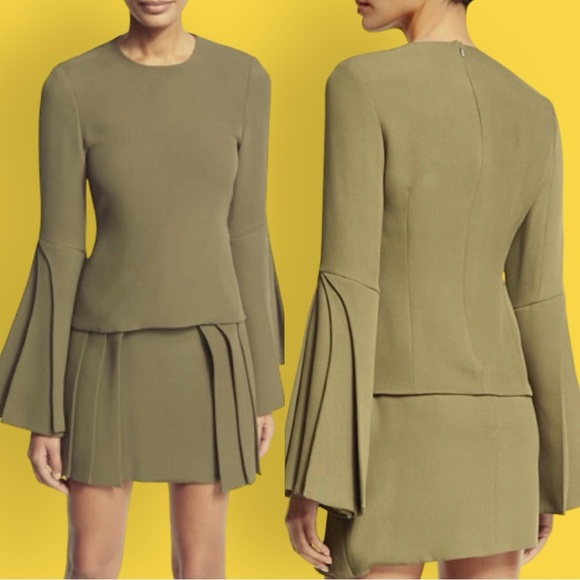 Brandon Maxwell Spring 2017 Collection Olive Green Layered-Sleeve Georgette Top - Picture 15 of 16